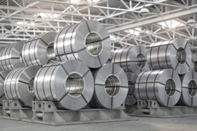 Rolls of metal sheet. Zinc, aluminium or steel sheet rolls on wa